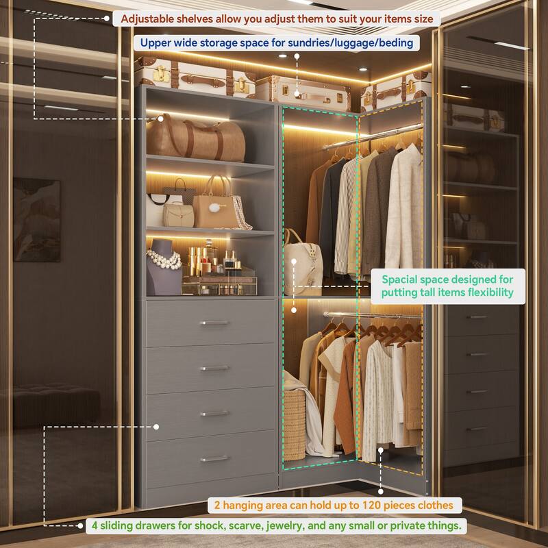 Cimly Set of 2 Corner Closet Organizer, Freestanding Closet System with Wooden Drawers