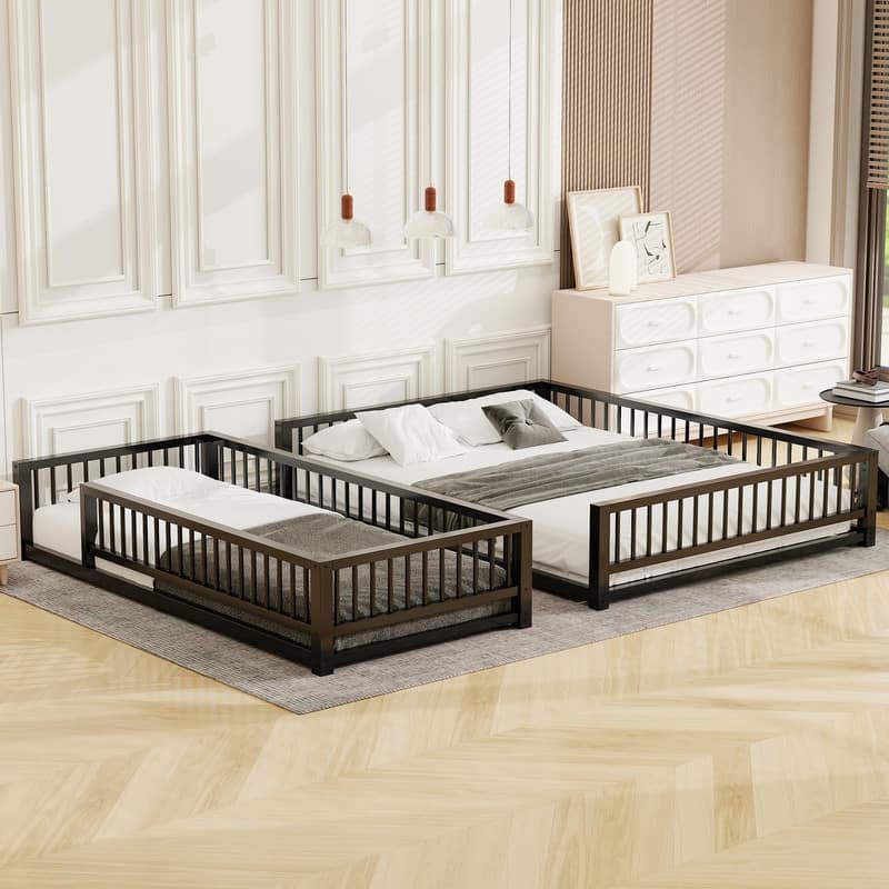 Twin XL over Queen Floor Metal Bunk Bed Frame with Ladder and Safety Guardrails