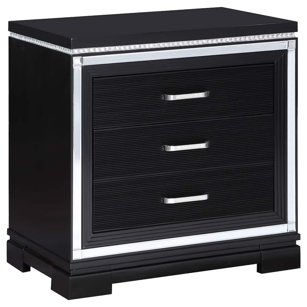 Glam Black 2-Drawer Nightstand with Mirrored Trim, Crystal Border, Felt Lined Drawer and USB Charging Ports