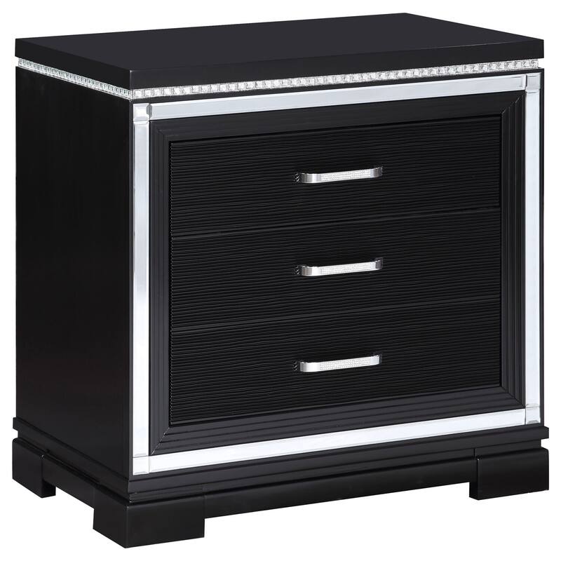 Glam Black 2-Drawer Nightstand with Mirrored Trim, Crystal Border, Felt Lined Drawer and USB Charging Ports