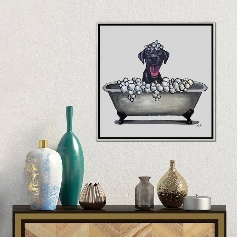 iCanvas "Dogs In The Tub Series, Black Lab In Bathtub" by Hippie Hound Studios Framed