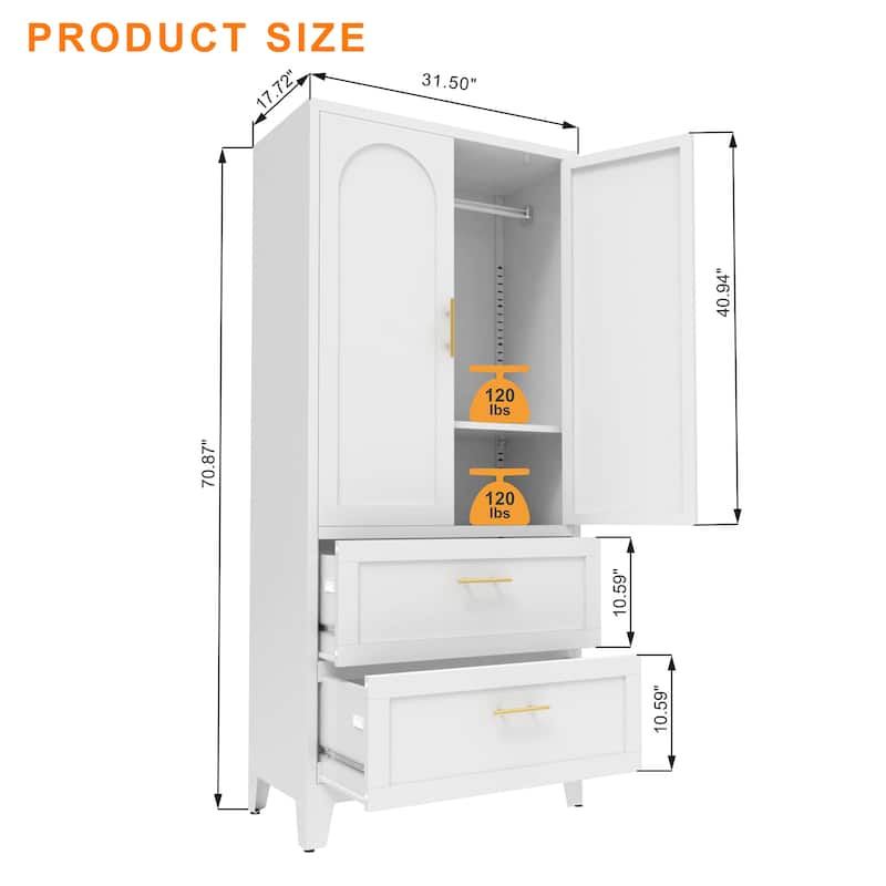 White Metal Wardrobe Closet with 2 Drawers and Hanging Rod, 71" Tall Bedroom Armoire Clothes Storage Cabinet with Shelf