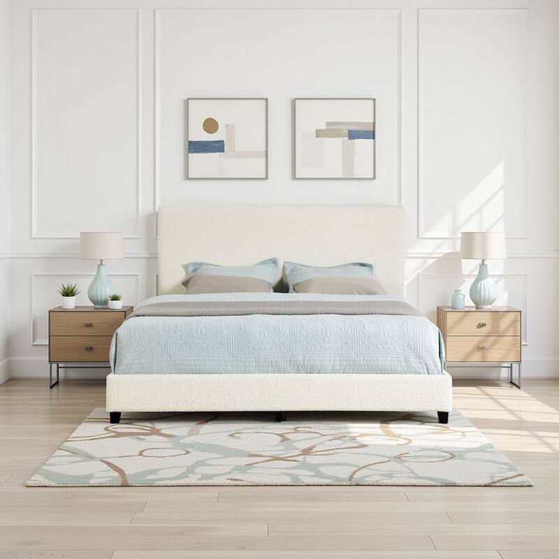 Bridgevine Home Tall White Boucle Panel Headboard Upholstered Platform Bed - King