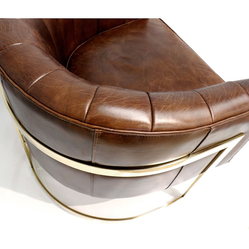 Pasargad Home Vicenza Genuine Leather Barrel Chair, Brown - W31.5"xD27.5"xH29.1"