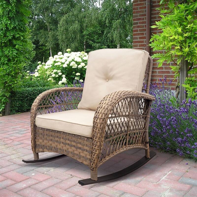 Outdoor Wicker Rocking Chair,Patio Rattan Rocker Chair w/Soft Cushions
