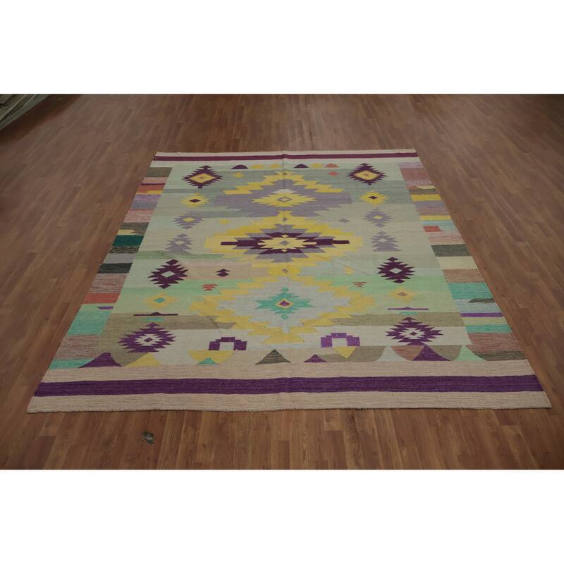 Hand Woven Oriental 100% Wool Carpet Southwestern Tribal Multi-Colored Kilim Area Rug - 9' 10'' X 8' 4''