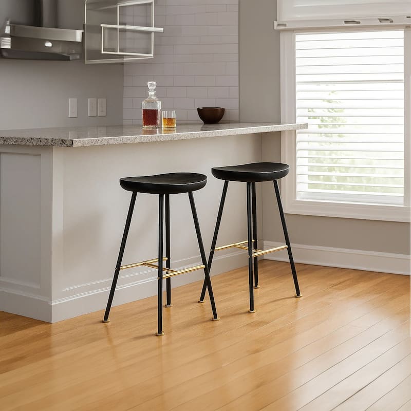 Elira 24" Backless Barstool with Handcrafted Mango Wood Saddle Seat PVD Coating Black Iron Legs Gold Footrest