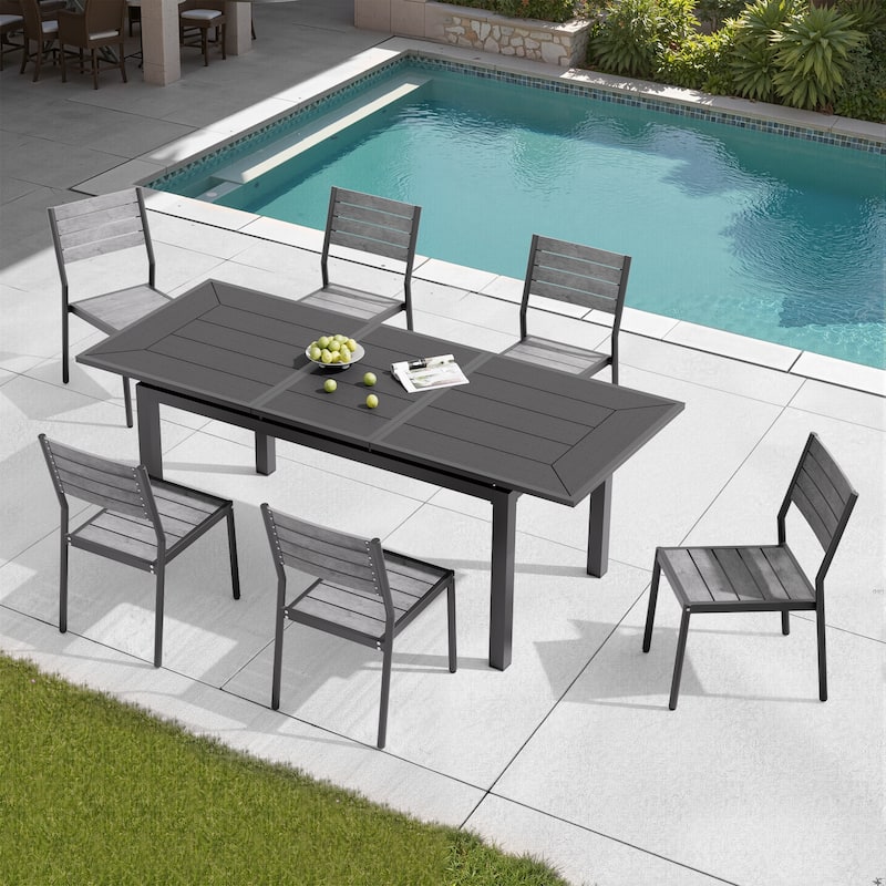 7PC Pellebant Outdoor Patio Aluminum Expandable Dining Table WPC Top with Stackable Chairs - Black-Table&Grey-Chairs