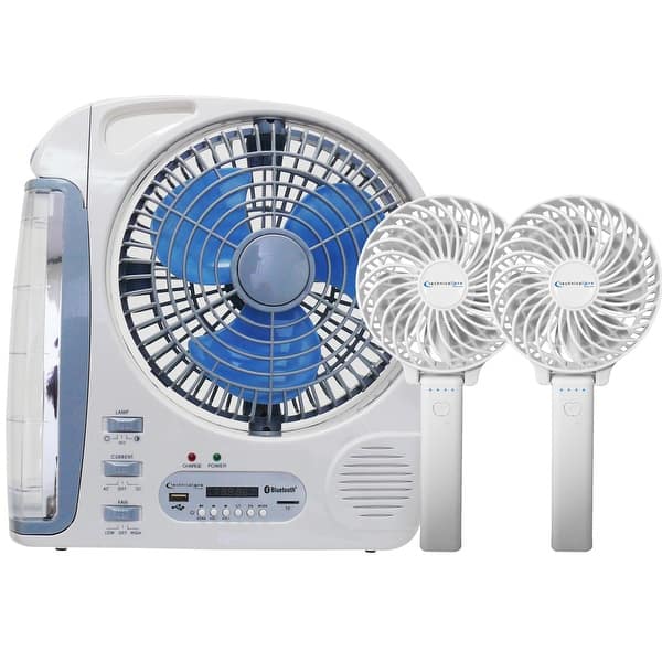 slide 1 of 7, Technical Pro 3-in-1 Portable Rechargeable Camping Fan Bundle w/ Radio Speaker and LED Lamp, USB, SD ports, w/ 2 Folding Fans