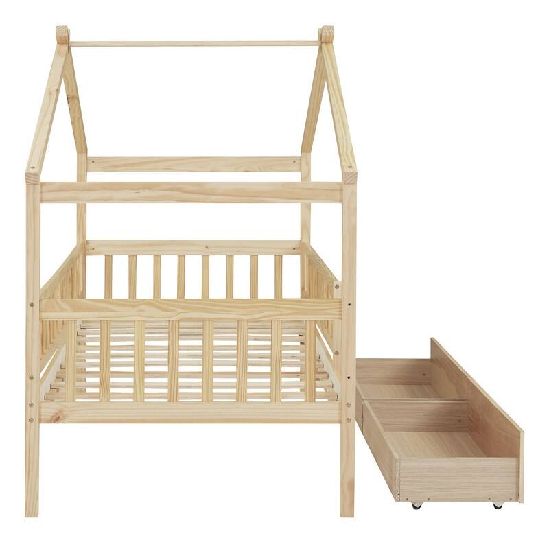 Twin House Bed with 2 Storage Drawers,Rails and Roof for Kids