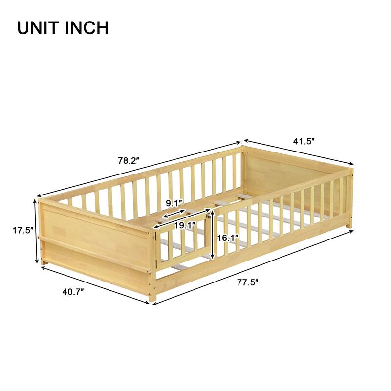 Twin Size Floor Bed with Built-in Book Rack and Door,Natural