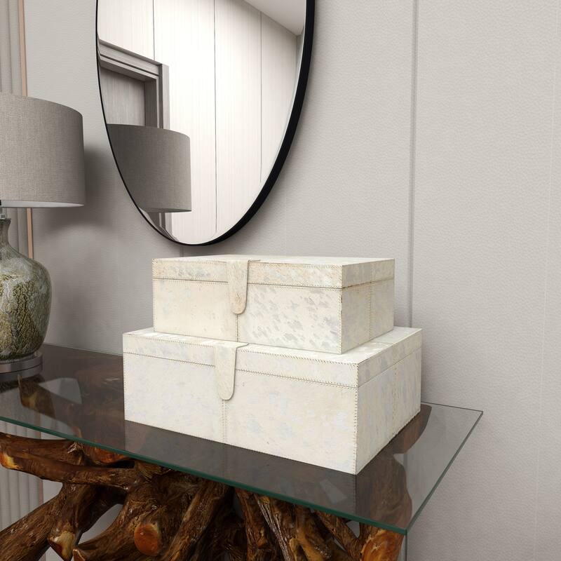 Gray, Silver or Gold Leather Handmade Cowhide Storage Box with Silver Foil Accents (Set of 2)