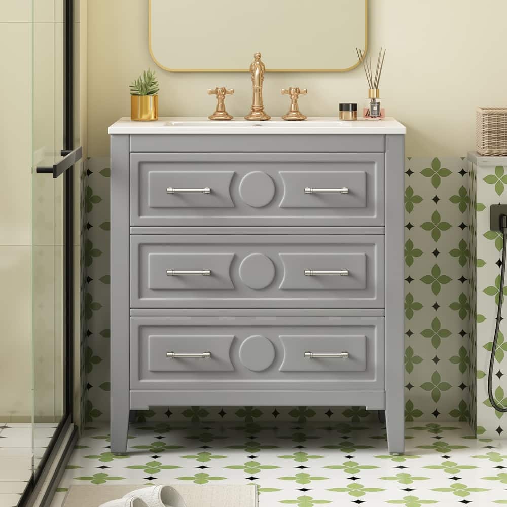 GDFStudio - Wimborne Retro Freestanding Bathroom Vanity with Ceramic Sink and 3 Storage Drawers - 30'W