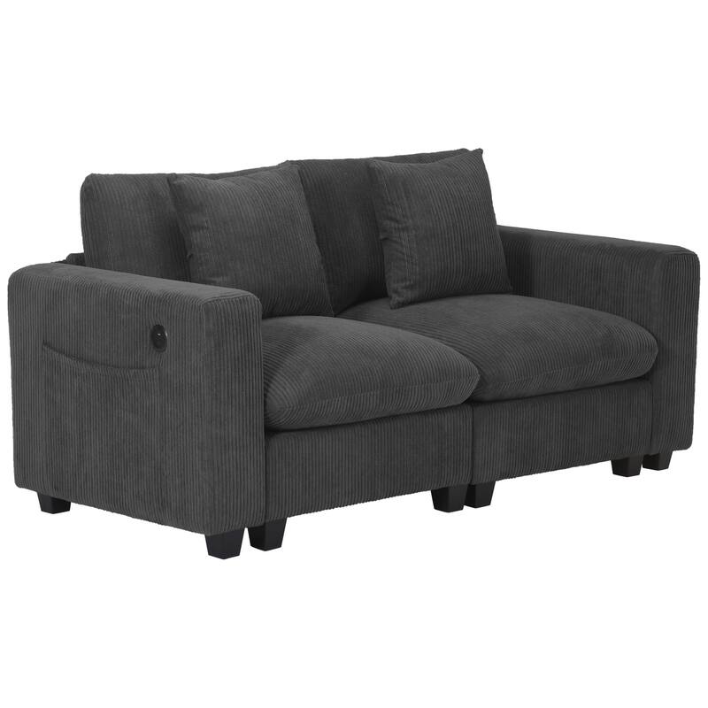 Hamilton Corduroy Upholstered Modular Loveseat with USB Port - Charcoal Gray