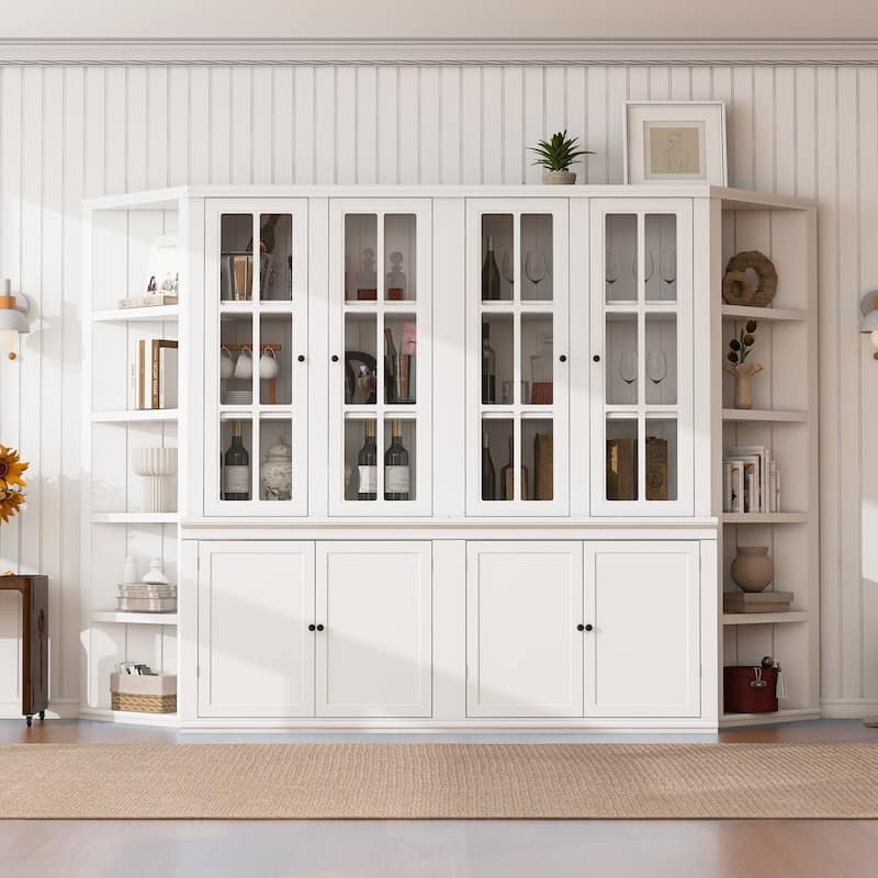 2x 75.25'' Tall Display Cabinets and Two Triangle Sided Bookshelves, 105.5'' Wide Retro Style Wall Suit with Glass Doors