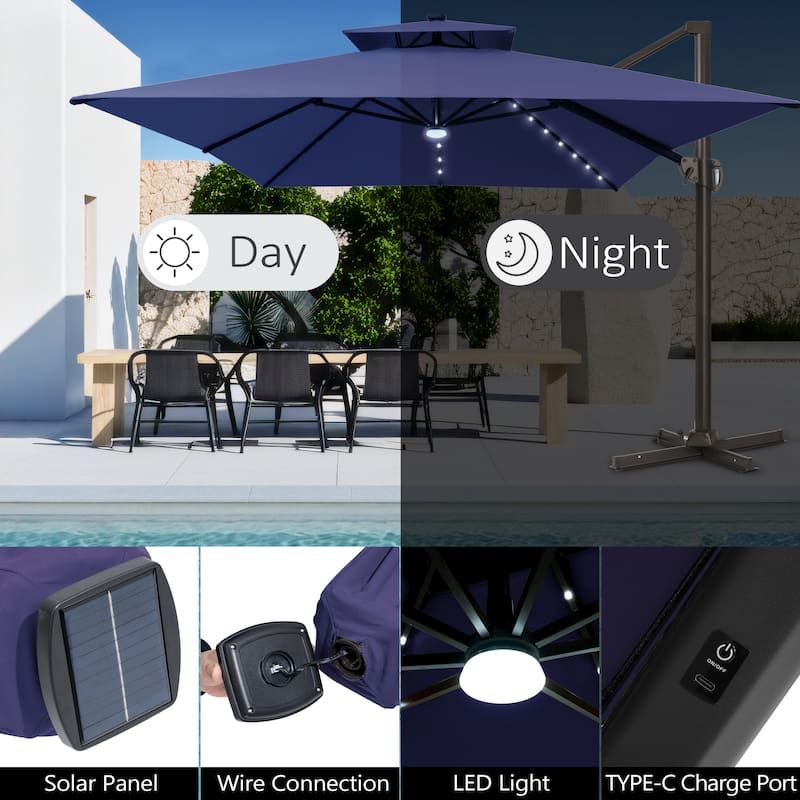 Pellebant Outdoor 10x13FT Patio Cantilever Umbrella Dual Top Lar Lighted with Wheel Base