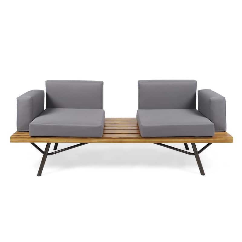 73 Inch 2-Seater Sofa Acacia Wood Iron Legs Gray Water-Resistant Cushions