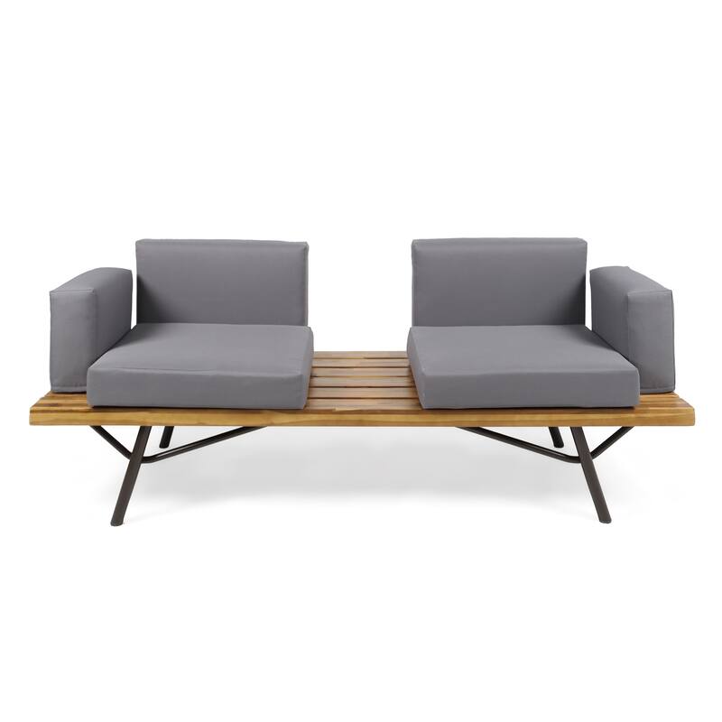 Roomfitters 3 Pcs Acacia Wood Patio Conversation Set with Metal Frame and Gray Cushions, Outdoor Seating and Table, Natural+Grey