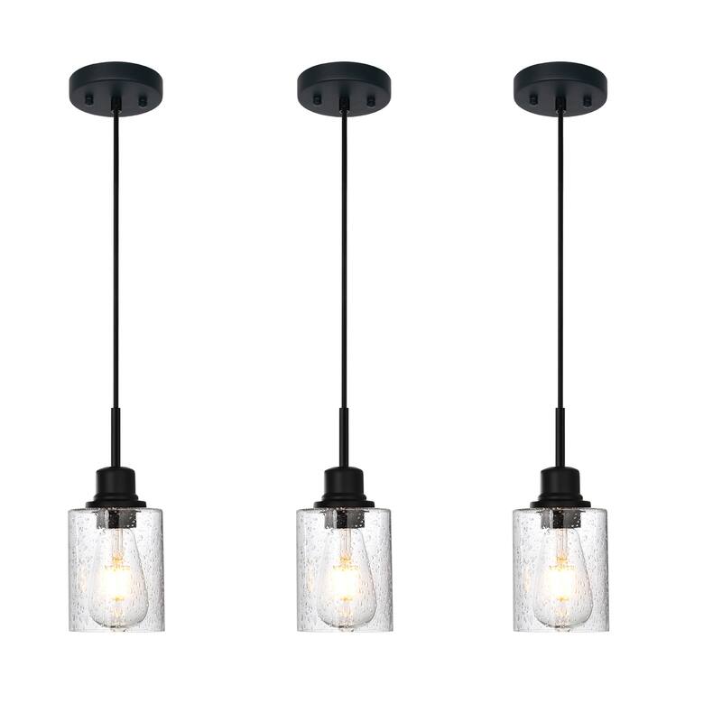 Modern Metal Pendant Lights with Seeded Glass - Black - 3-Pack