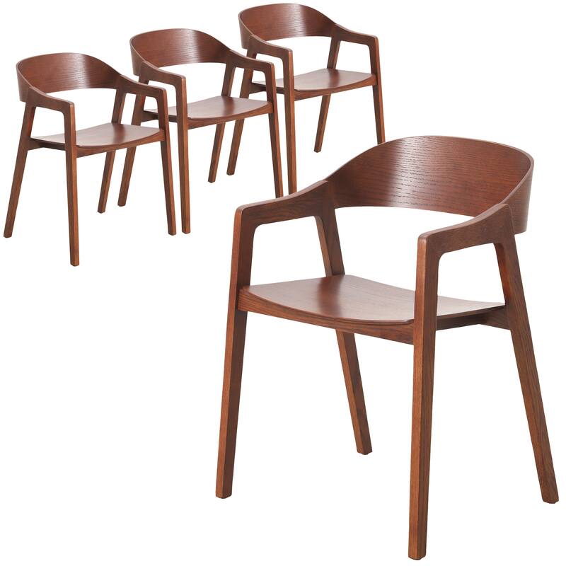 Dining Chair in Oak Wood with Open Back Design and Armrests Set of 4 Rivo Series - Dark Brown