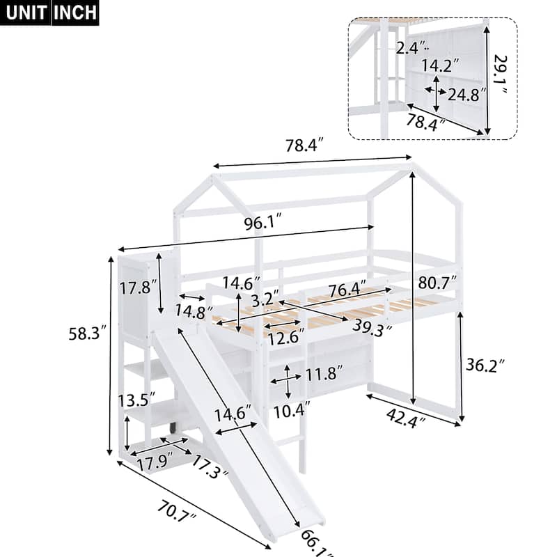 Twin Loft Bed w/Slide, Ladder, Wood Loft Bed w/Storage Shelves, Light