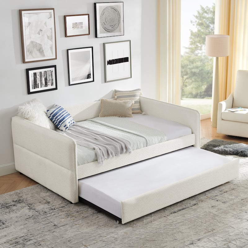 Daybed with Trundle Upholstered Tufted Sofa Bed, Full Size, Boucle Fabric, Beige(83"x58.5"x29.5")