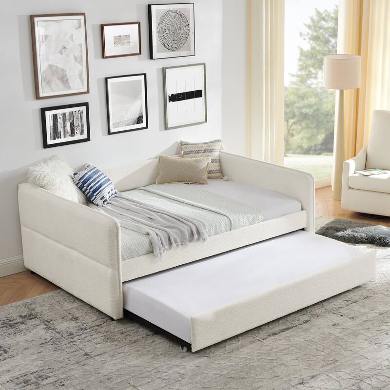 Roomfitters Twin/Full Boucle Daybed with Trundle, Upholstered Sofa Bed Frame with Vertical Stripes, Beige
