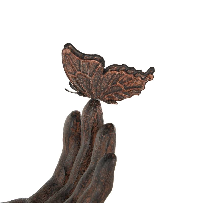 Dark Brown Polystone Raised Hands Decorative Sculpture with Butterfly Accents