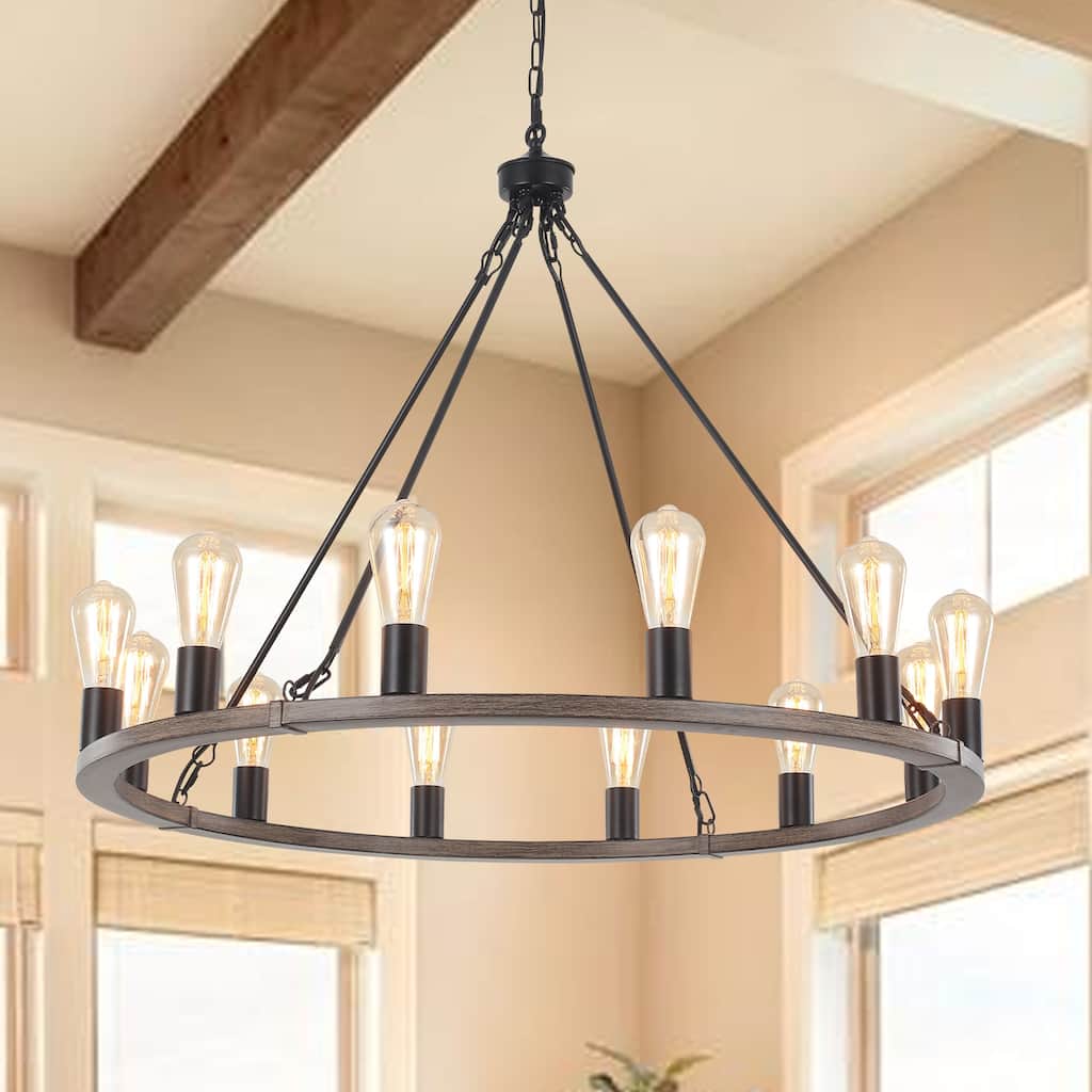 35.43-inch Round Wagon Wheel Chandelier, 12-light Adjustable Chandelier for Living Room Kitchen Island Dining Foyer