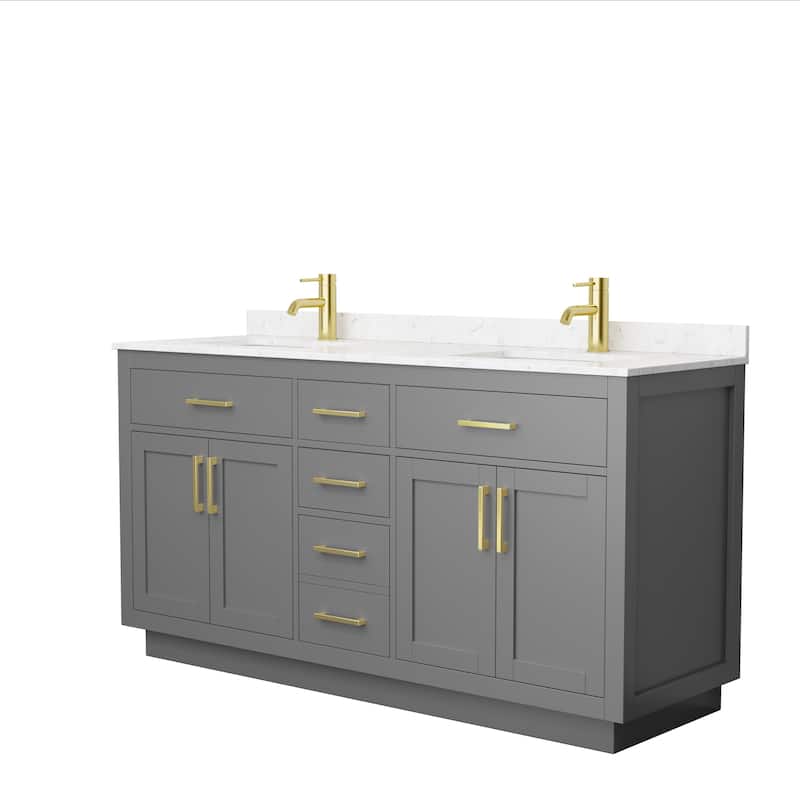 Beckett TK 66-inch Double Vanity, Cultured Marble Top - Dark Gray, Gold Trim, Carrara Cultured Marble Top