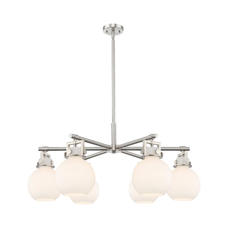 Innovations Lighting Downtown Urban - Newton Sphere - 6 Light 26" Stem Hung Chandelier - Satin Nickel/White