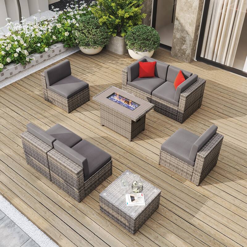 8 Pcs Patio Conversation Sets with Fire Pit Table
