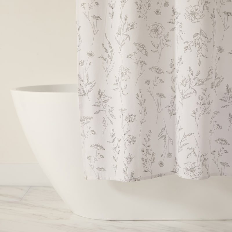 Becky Cameron Cotton Blend Floral Print Shower Curtain - 72" x 72" - Gray Linear Flowers