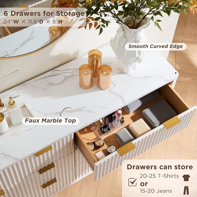 Modern Fluted 6 Drawers Dresser, Chest of Drawers, Dresser TV Stand