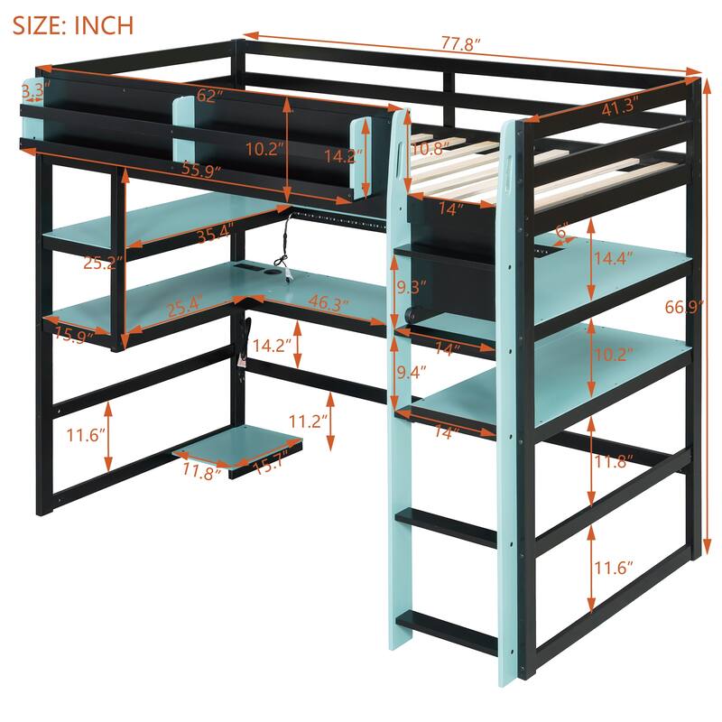 Loft Bed with Wraparound Study Hub, Side Storage Rack, USB Charging & RGB Light by Harper&Bright Designs