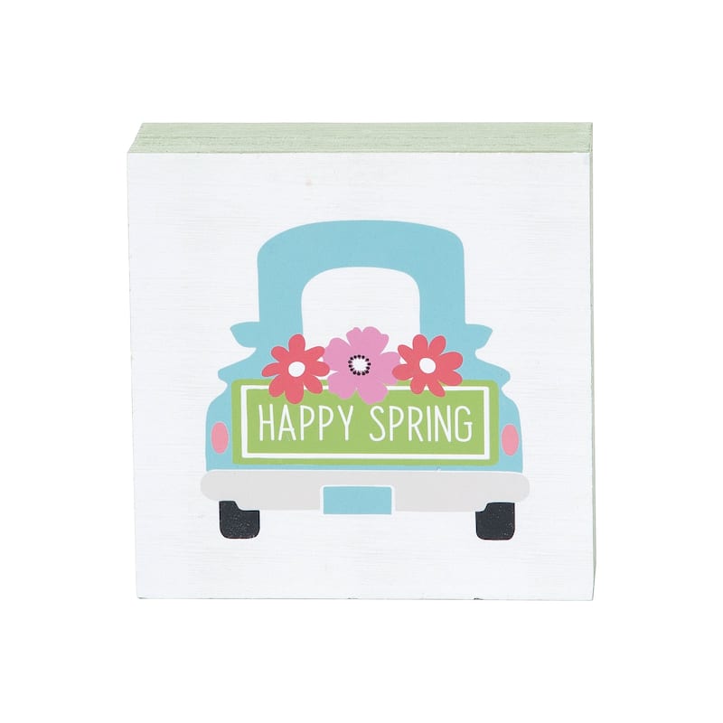 Happy Spring Truck Wood Block Shelf Sitter Centerpiece