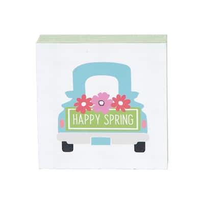 Happy Spring Truck Wood Block Shelf Sitter Centerpiece