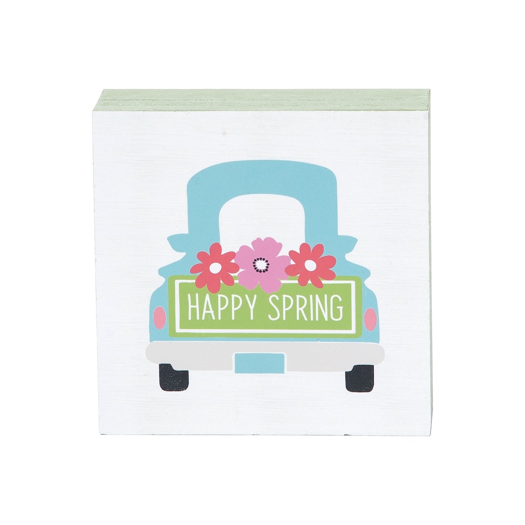 Happy Spring Truck Wood Block Shelf Sitter Centerpiece