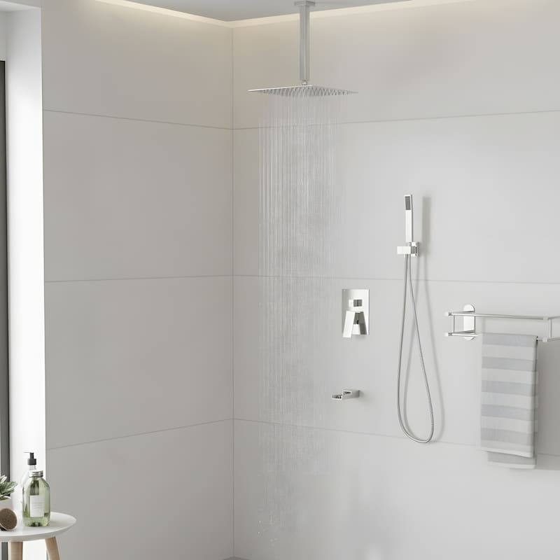 Ceiling Mount Shower with Waterfall Tub Spout and Hand Shower