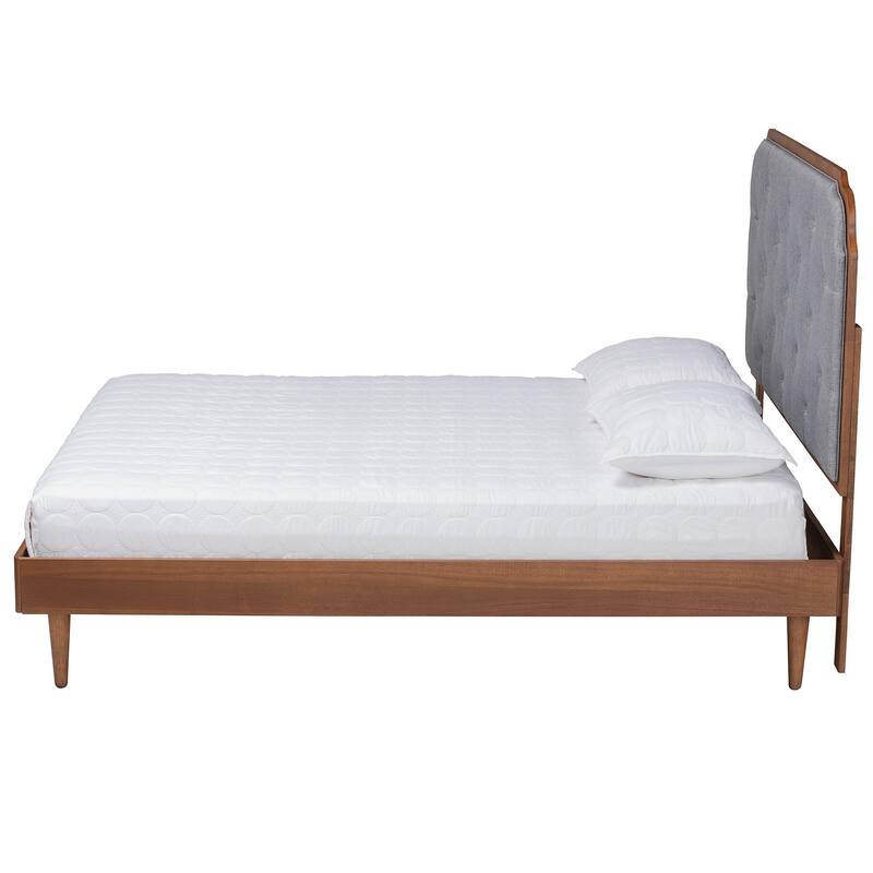 Garron Mid-Century Modern Grey Fabric and Walnut Brown Wood Queen Size Platform Bed