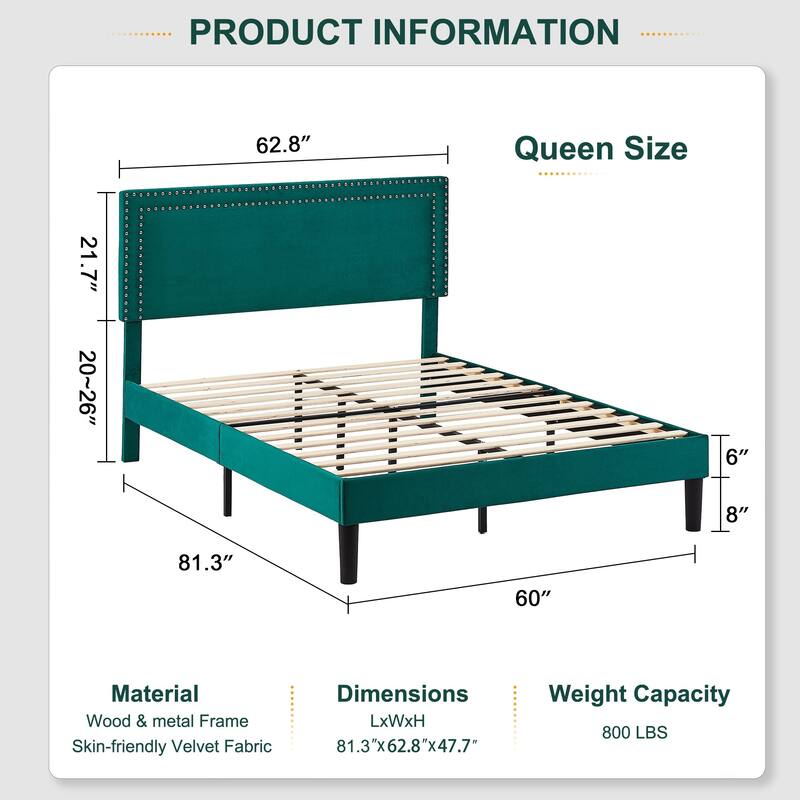 VECELO Upholstered Bed Frames with Height Adjustable Headboard