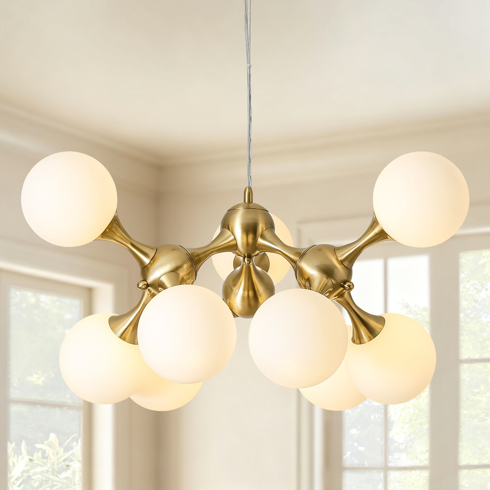 9-Light Mid-Century Modern Brushed Gold Sputnik Cluster Chandelier with Milk White Glass Globes for Dining & Living Room