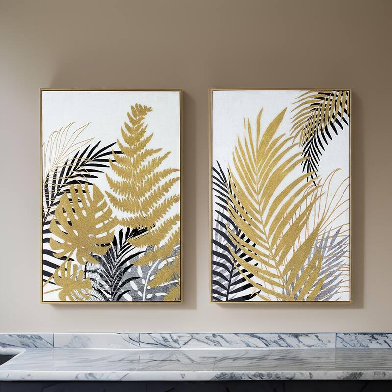 Nir 23 x 35 Set of 2 Palm Leaf Wall Art, Frame Decor, Black Gold, Gray Wood