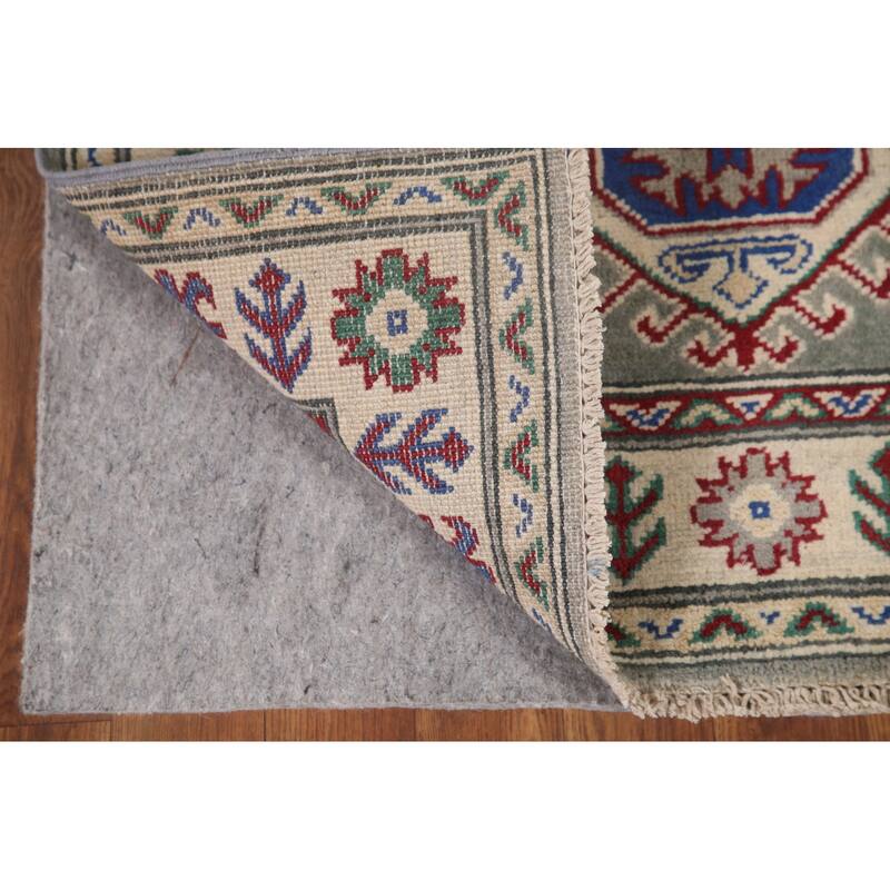 Hand Knotted Oriental 100% Wool Carpet Traditional Geometric Green Kazak Area Rug - 6' 3'' X 2' 9''