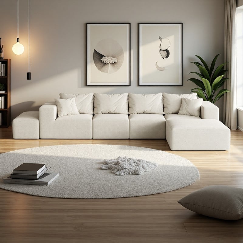 132" Chenille Modular L-Shaped Sectional Sofa with 6 Pillows - Beige