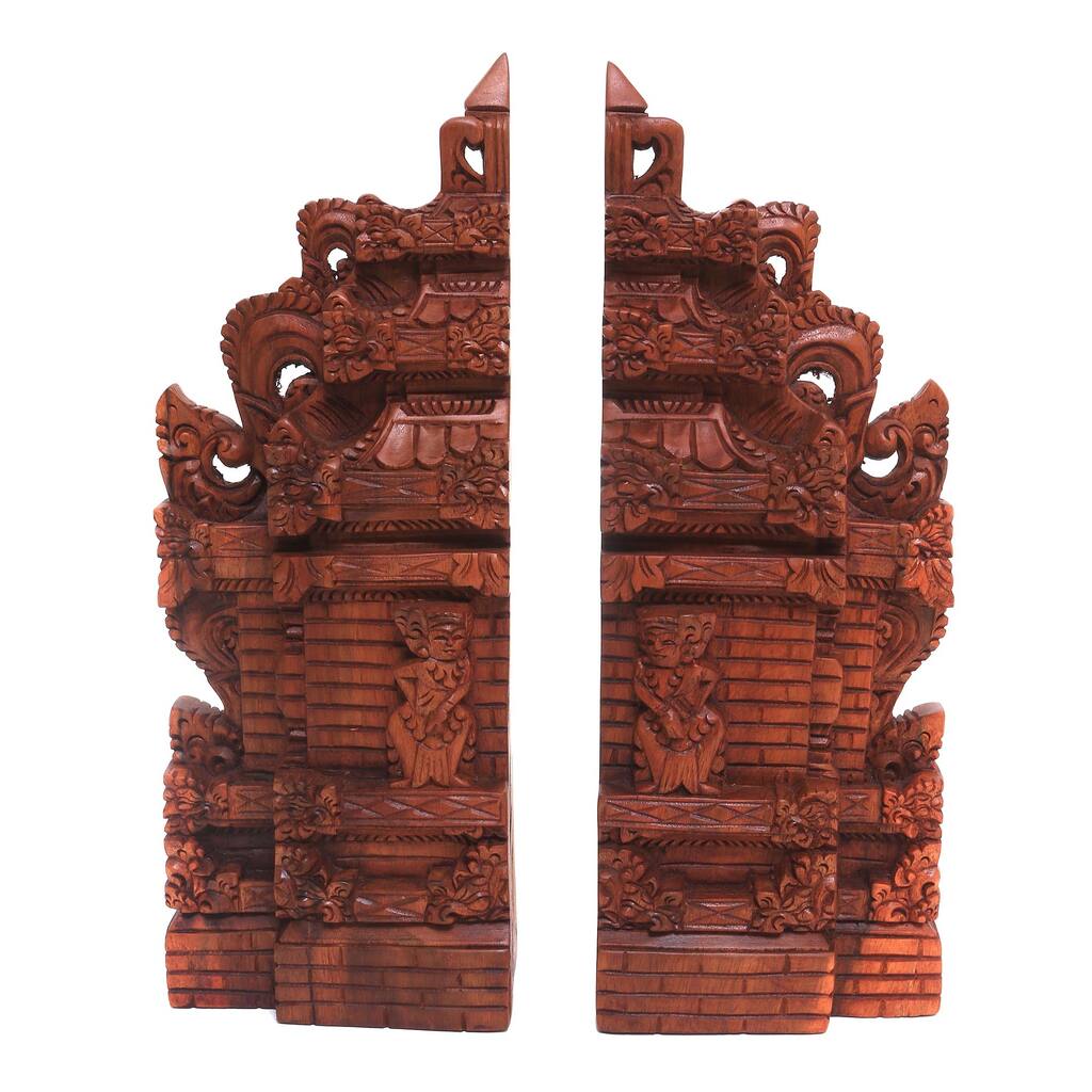 NOVICA Handmade Gapura Gaze Wood Bookends (12 Inch) - 12.25" H x 9" W x 2.8" D