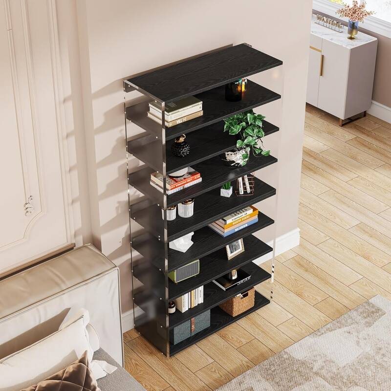 63" 8-Tier Acrylic Bookshelf, Modern Bookcase with Wood Shelves, Display Storage Rack for Living Room, Bedroom & Home Office