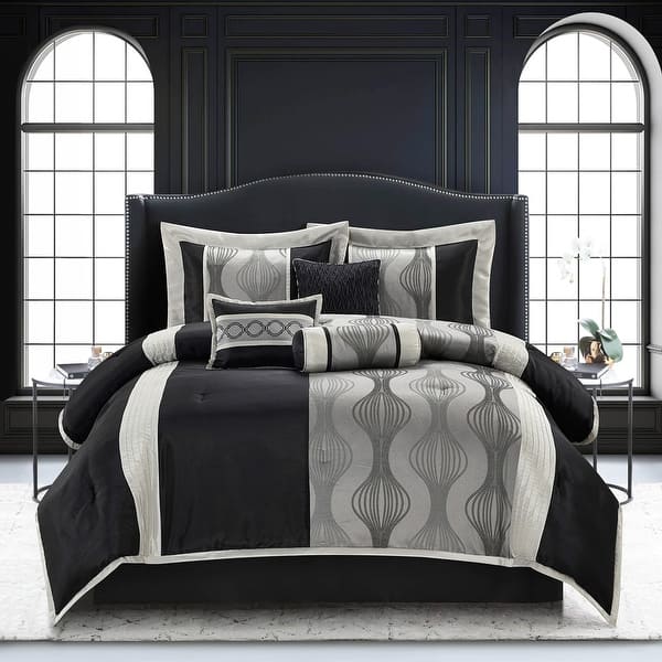 slide 2 of 9, Nanshing Daniella 7-Piece Modern Geometric Comforter Set Black/Silver - California King