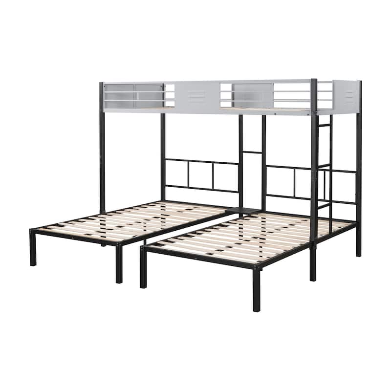 Black Twin Size Steel Triple Bunk Bed with Vent Board, Sturdy Metal Frame, Noise-Free Wood Slats, Separatable into three beds