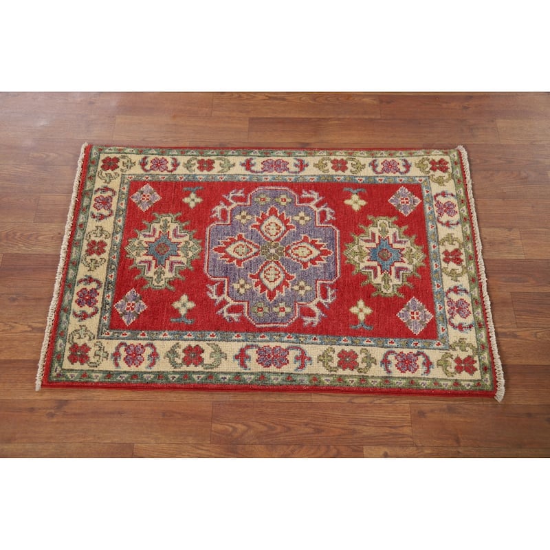 Hand Knotted Oriental 100% Wool Carpet Traditional Geometric Red Kazak Area Rug - 3' 1'' X 2' 1''